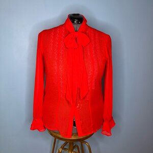 Red Sheer Long Sleeve Bow-Neck Top with Lace Details - XL